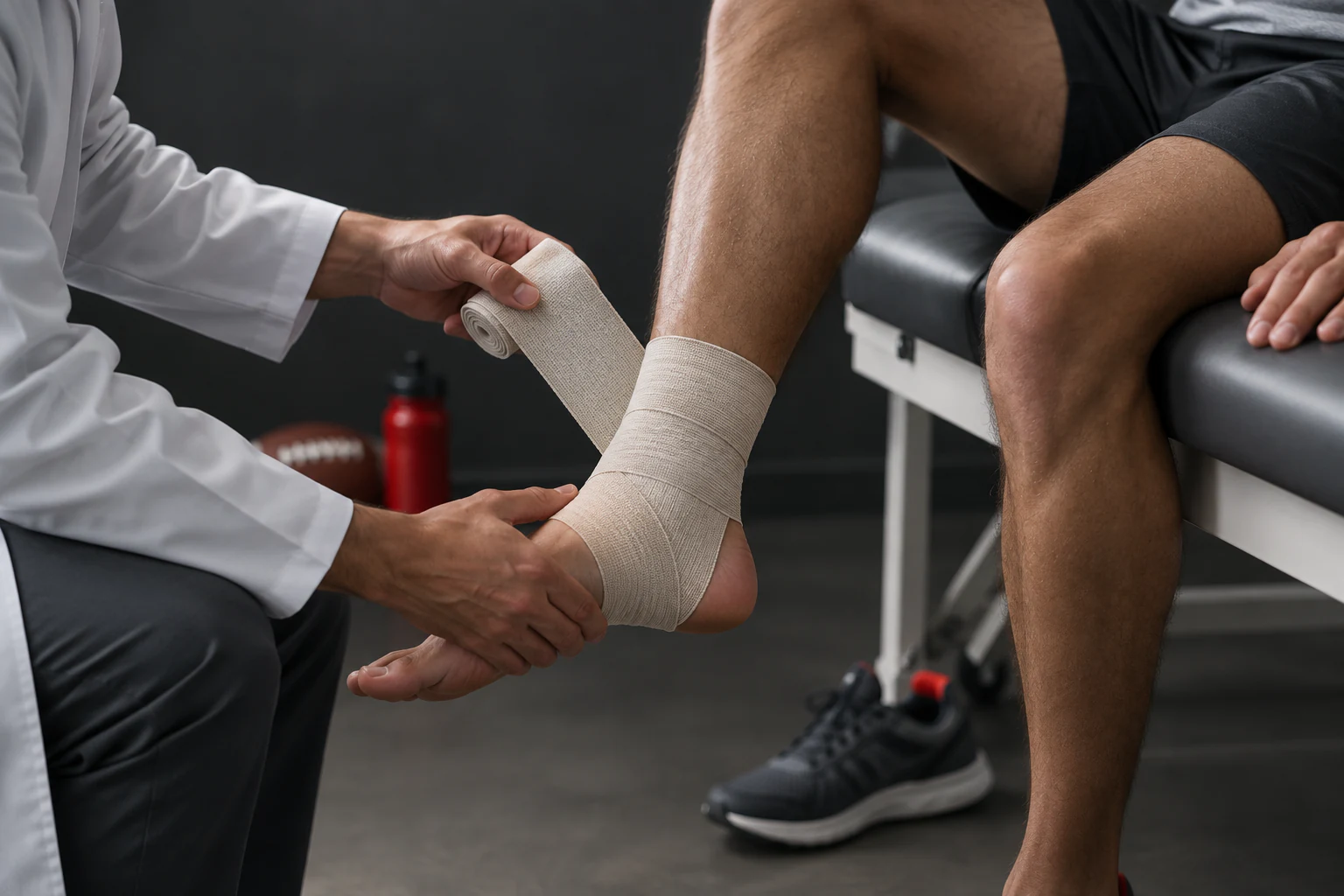 Mãos de um médico de jaleco enfaixando o tornozelo de um atleta sentado na maca, de short e tênis de corrida