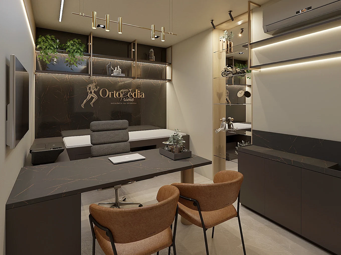 Consultório da Ortopedia Prime, com mesa de mármore preto, cadeiras e o logo da clínica na parede
