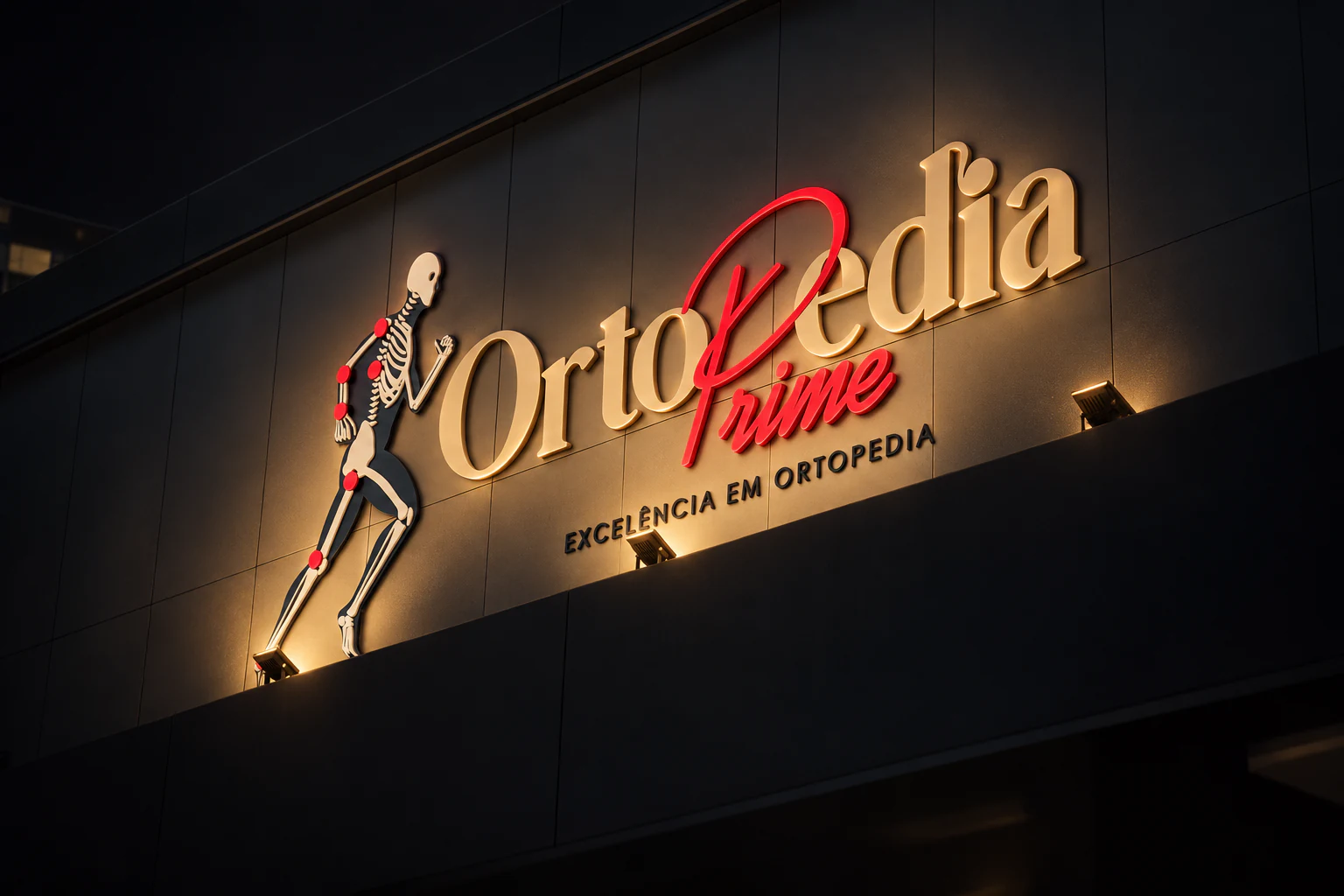 Fachada da Ortopedia Prime à noite, com o letreiro iluminado